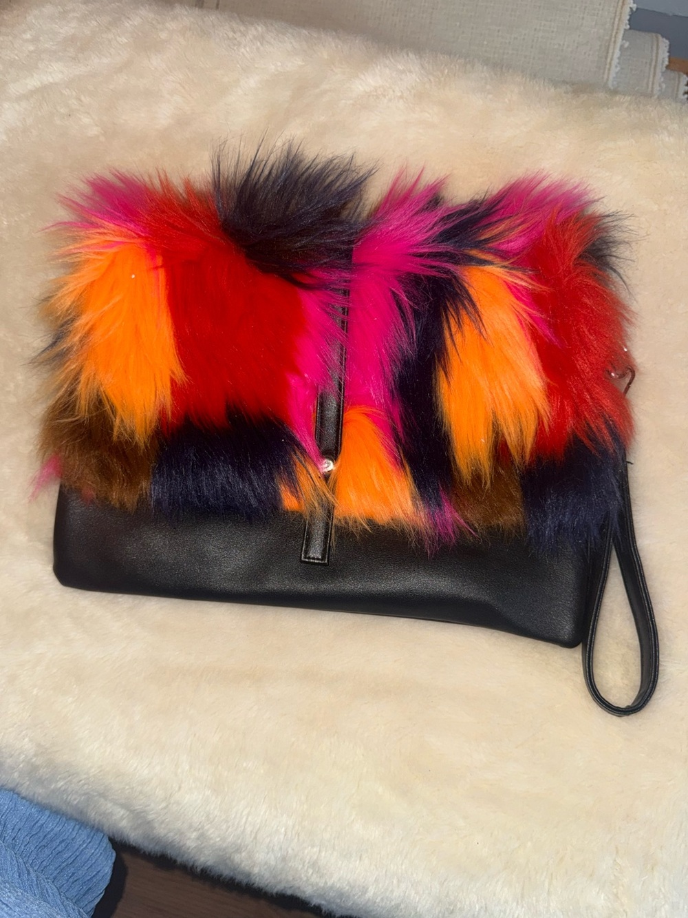 Black Wristlet Clutch with Multicolor Faux Fur Accent